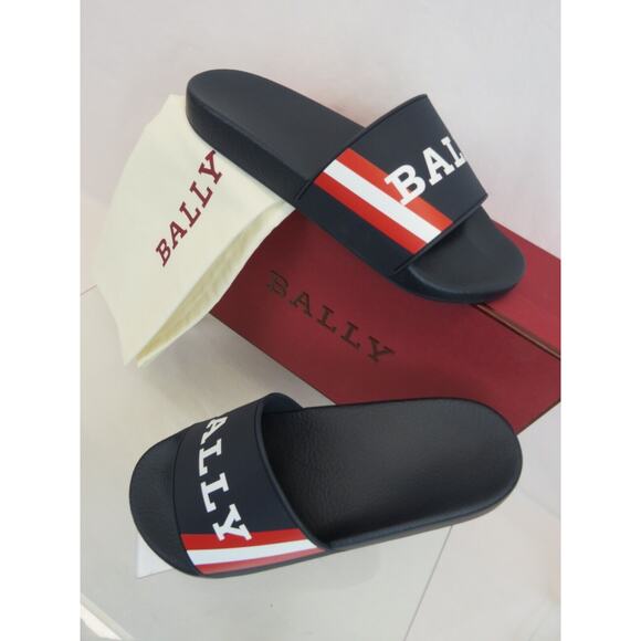 NIB BALLY SIMON NAVY INK RUBBER RED WHITE WEB LOGO SANDALS POOL SLIDES 9 D ITALY main image 9